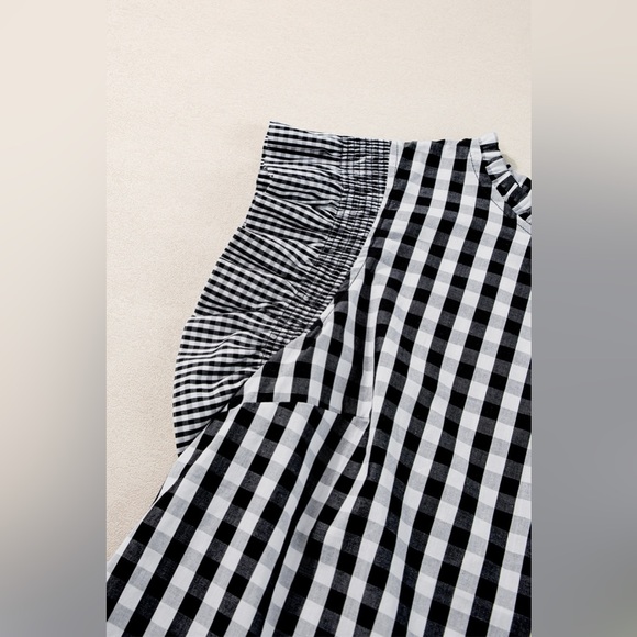 Ruffled Plaid Mock Neck Cap Sleeve Blouse - Picture 9 of 11